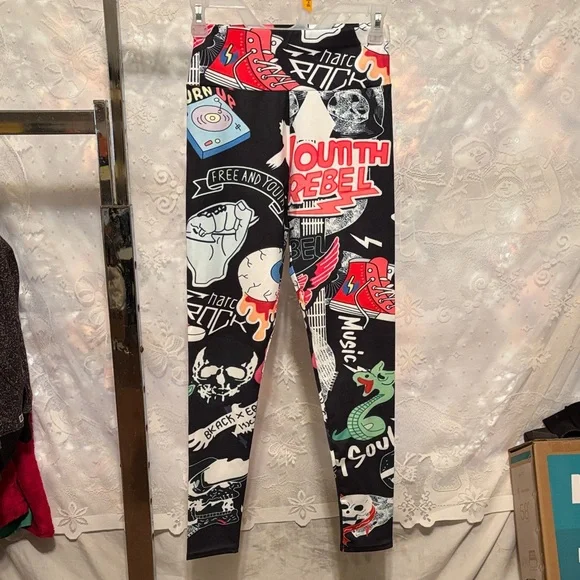 Youth Rebel Graphic Black Kids Leggings - Picture 1 of 8